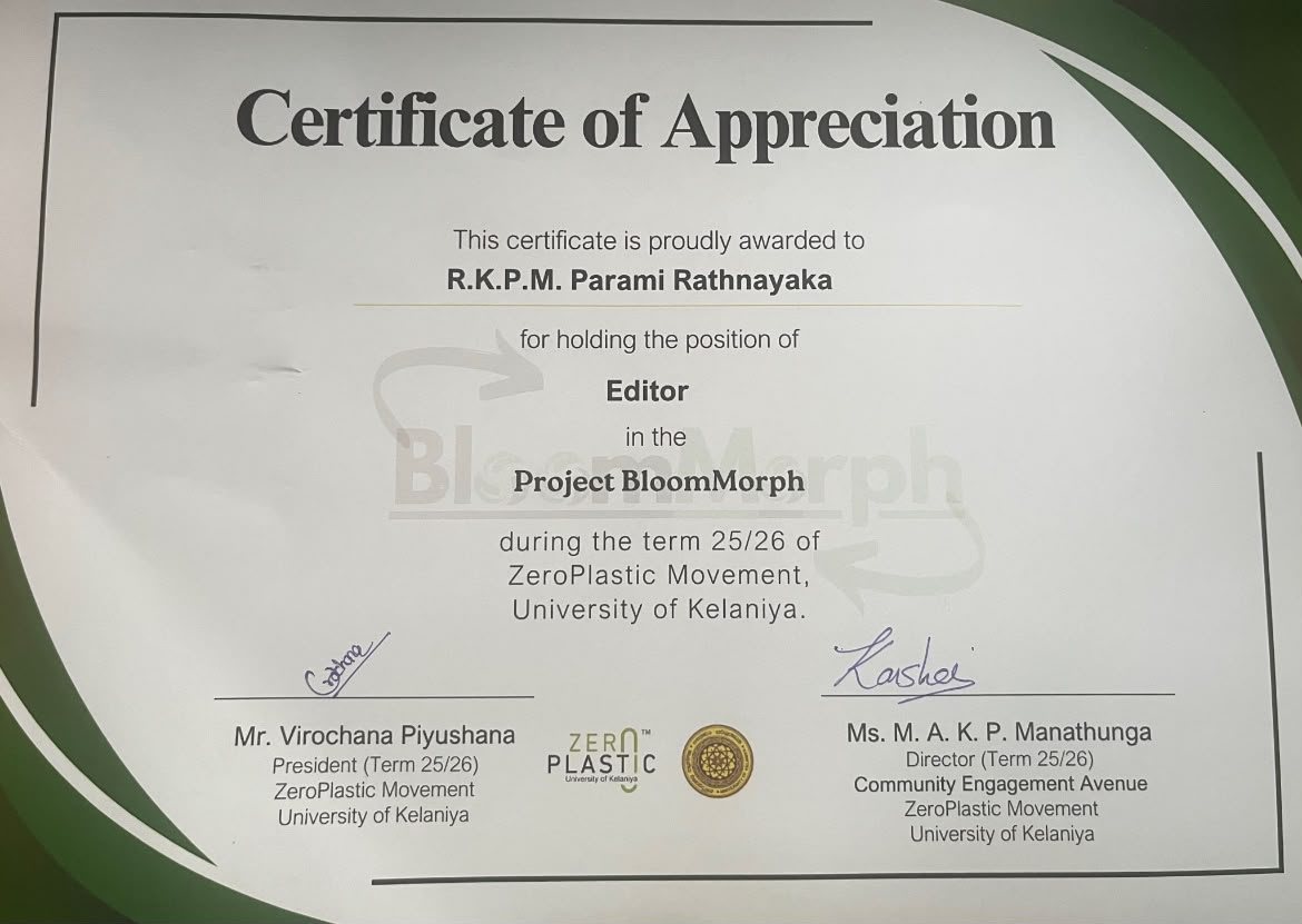 Certificate of Appreciation for Editor, Project BloomMorph